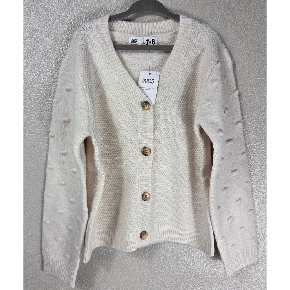 Cotton On Kids Suzie Cardigan 7-8 NWT Vanilla Marle Bobble Sleeve Knit